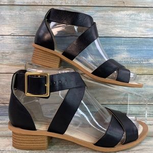 Clarks Sandcastle Ray Black Leather Sandal Buckle Block Heel Casual Dress 6.5M